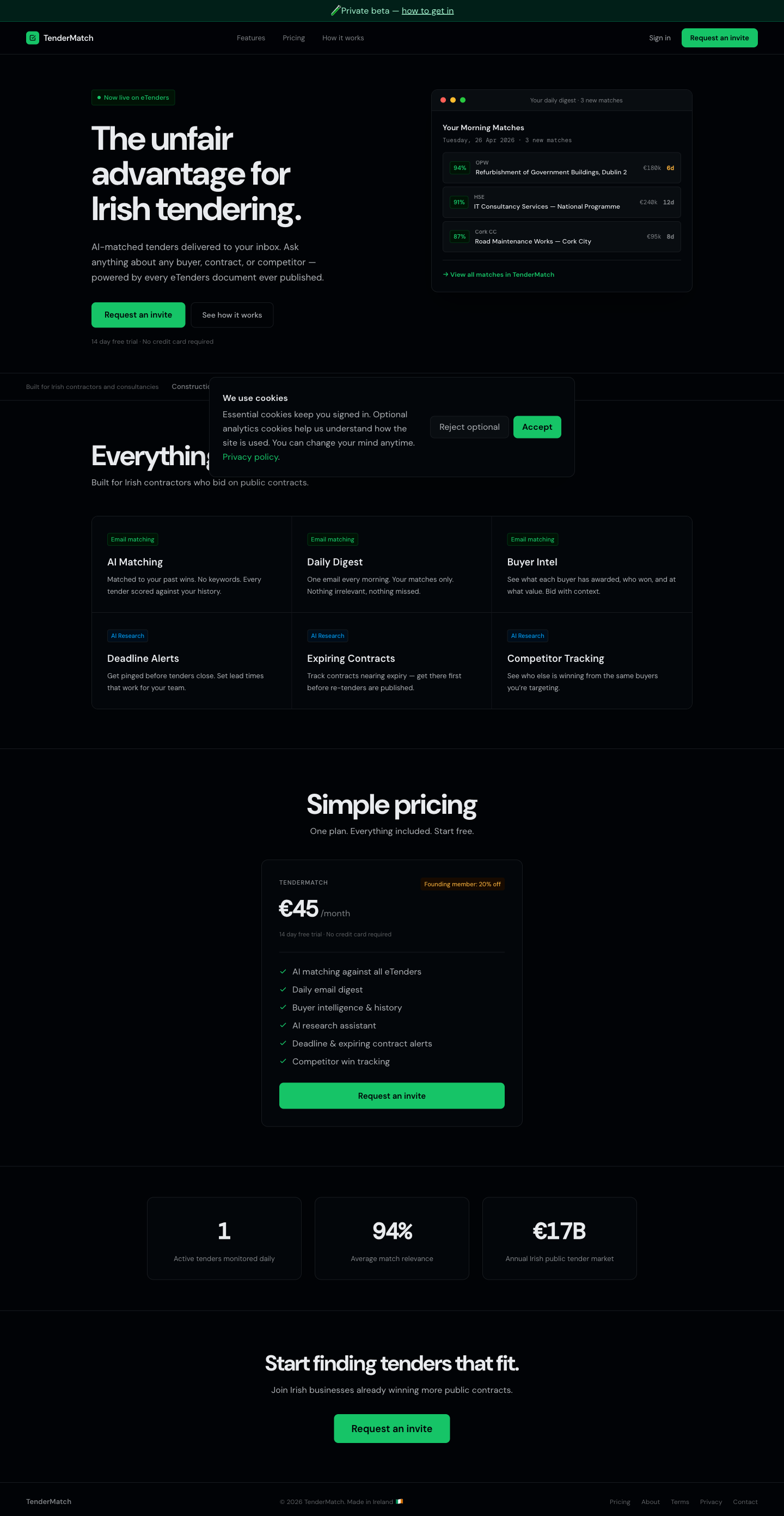 Tender Match landing page screenshot